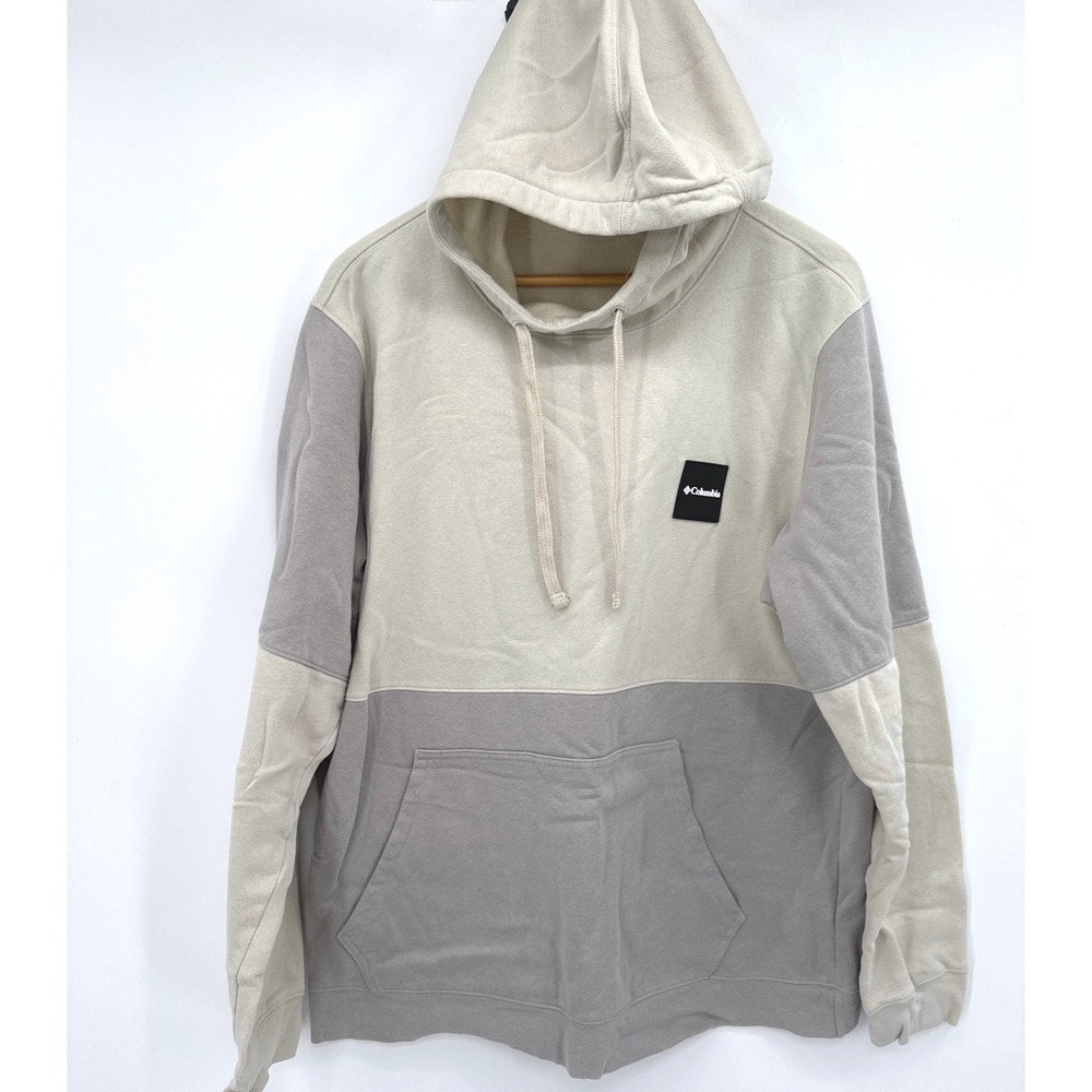 Columbia Mens Hoodie Large Tan Grey Colorblock Fleece Pullover Sweatshirt